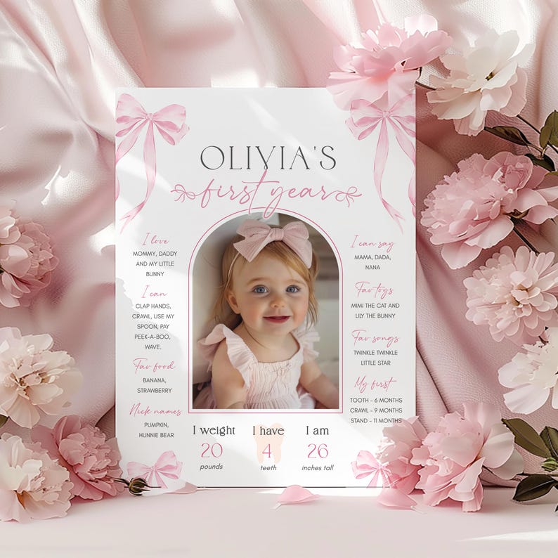 May include: A pink and white printable first year milestone poster with a photo of a baby girl. The poster includes the baby's name, Olivia, and details about her first year, including her weight, height, and milestones. The poster is decorated with pink bows and floral accents.
