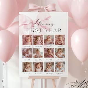 Puede incluir: Un tablero rectangular blanco de hitos con un gráfico de lazo rosa grande en la parte superior y el texto Liliana's FIRST YEAR. Muestra doce fotografías de bebés dispuestas en una cuadrícula, cada una etiquetada con un mes del 1 al 12.