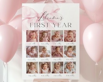 Pink Bow First Year Photo board, Bow Birthday Milestone Photos, Baby's First Year Month Photos, Birthday Photo Collage, Pink coquette Photo