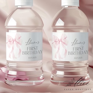 Pink Bow Water Bottle Label Printable, Pink Coquette 1st Birthday Water Labels, Birthday Water Label Sticker, Pink Bow invitation template