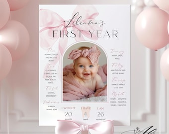Pink Bow First Birthday Milestone Board, Coquette Printable (Digital Download)