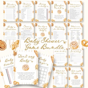Könnte beinhalten: Ein Babyparty-Spieleset mit verschiedenen bedruckten Karten mit goldener Schreibschrift und Aquarellillustrationen von Gebäck wie Zimtschnecken und Brezeln auf beigem, gestreiftem Hintergrund. Das Set enthält Spiele wie Words Scramble, The Price is Right, Mommy or Daddy, Pacifier Hunt, Who Knows Mommy Best, Baby Prediction, Over or Under, How Big is Mommy's Belly, Wishes for the Baby, What is in Your Purse, Baby Traits, Don't Say Baby, Baby Bingo und Late Night Diaper.