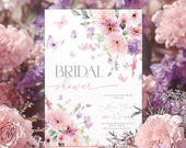 Wildflower Bridal Shower Invitation, Butterfly Floral Invite (Digital Download)