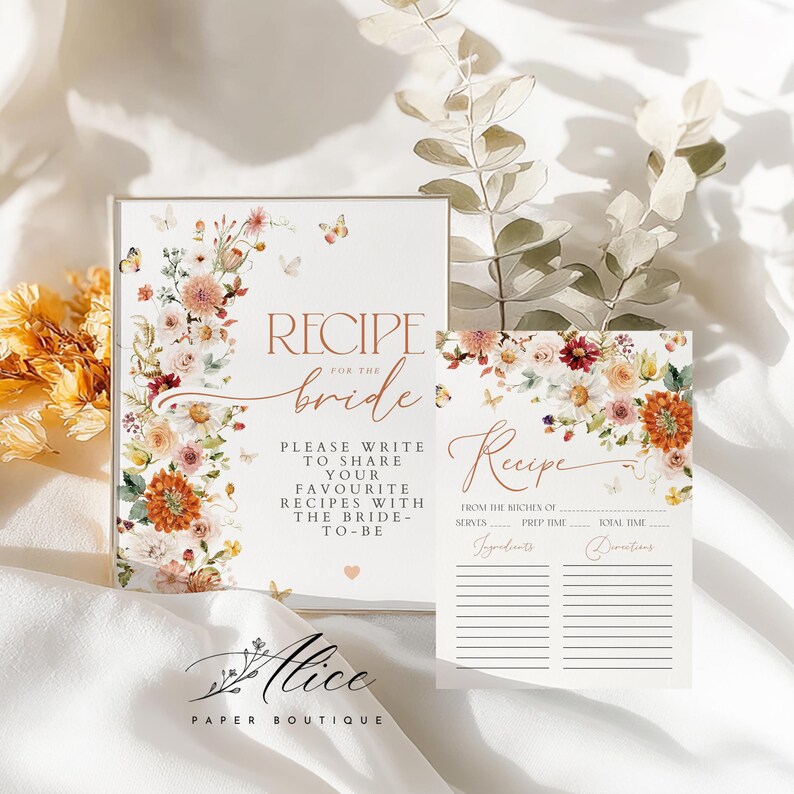 Floral Bride Recipe Sign and Cards, Terracotta Bridal Shower Request ...