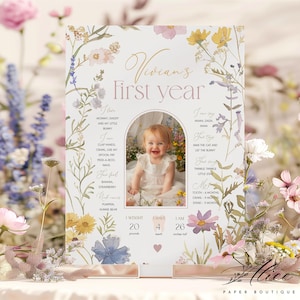 May include: A personalized baby's first year milestone sign with floral accents. The sign features a photo of a baby, along with details about the baby's first year, including weight, height, and milestones. The sign is decorated with flowers.
