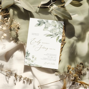 May include: A wedding invitation with a watercolor design of green leaves and white flowers. The invitation reads "Together with their families, Emily Bennet & Jeremy Smith, Jolly invite you to celebrate their wedding, Sep 15 | 2023, Ceremony to begin at 2 PM, Villa Dante, Via Nino 11, Varese, Reception to follow."