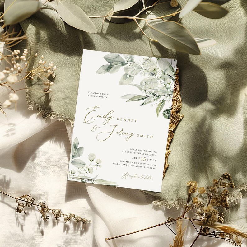 May include: A wedding invitation with a watercolor design of green leaves and white flowers. The invitation reads "Together with their families, Emily Bennet & Jeremy Smith, Jolly invite you to celebrate their wedding, Sep 15 | 2023, Ceremony to begin at 2 PM, Villa Dante, Via Nino 11, Varese, Reception to follow."