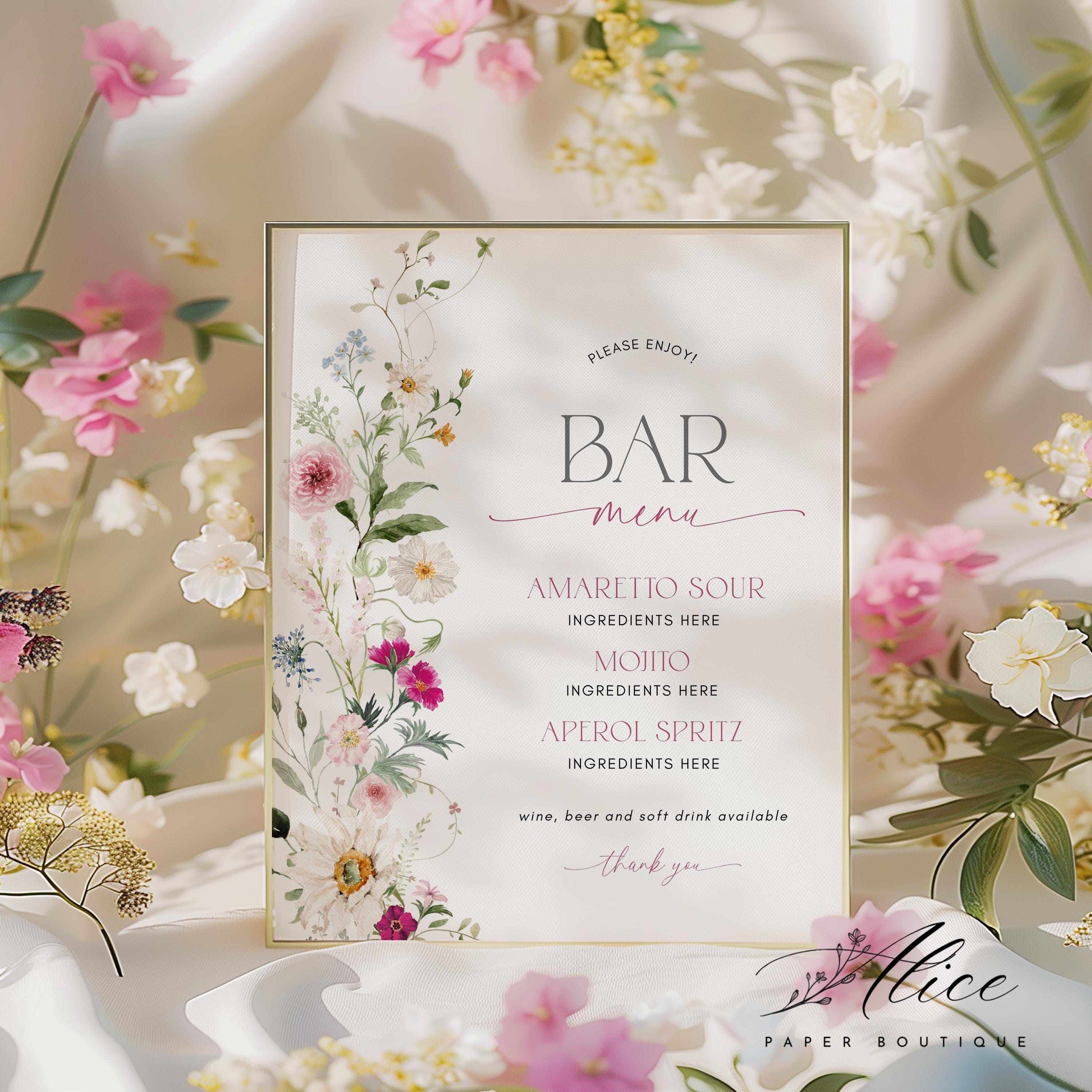 Menu Sign Pink Pink Floral Bar Menu Sign, Wildflower Bridal Shower or Baby Shower ...