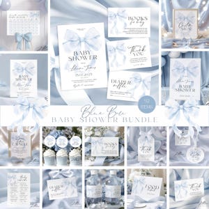 Blue Bow Baby Shower Invitation Bundle, Blue Bow Invitation, Editable shower Game, Dusty Blue Coquette Bow Baby Shower, Decoration Baby Boy