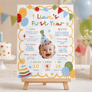 May include: A rectangular milestone sign titled Liam's First Year with a central photo of a baby wearing a party hat. The sign features colorful illustrations of balloons, bunting, and party hats, listing developmental milestones, favorite foods, songs, and physical stats including 20 pounds and 26 inches tall.