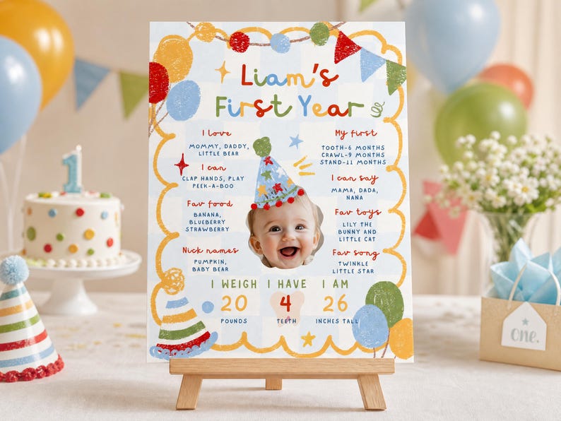 May include: A rectangular milestone sign titled Liam's First Year with a central photo of a baby wearing a party hat. The sign features colorful illustrations of balloons, bunting, and party hats, listing developmental milestones, favorite foods, songs, and physical stats including 20 pounds and 26 inches tall.