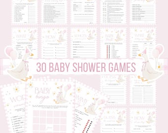 Silly Goose Baby Shower Games, Pink Gingham, 30 Game Pack (Printable)