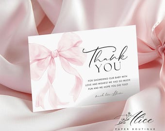 Pink Bow Baby Shower Thank You Card Template (Digital Download)