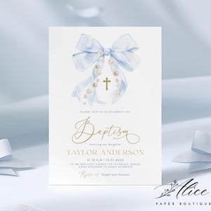 Invitación de bautismo con lazo azul, invitación de bautizo DIY, invitación de comunión azul, tarjeta de ceremonia religiosa para bebé niño editable e imprimible