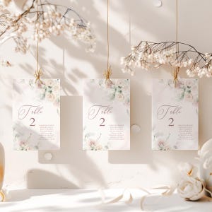 Modello di biglietto da visita per matrimonio con fiori boho rosa polveroso, modello di suite nuziale con fiori rosa cipria, elegante nome dell'ospite per posti a sedere rosa tenue