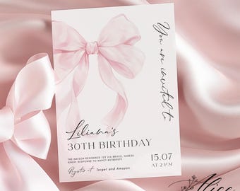 Pink Bow 30th Birthday Invitation, Editable Party Invite (Digital Printable)