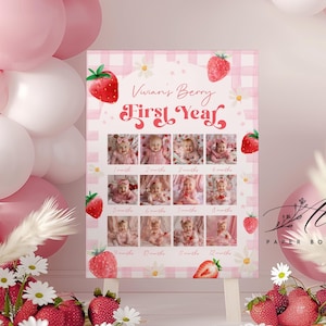 Berry First Birthday One Year Photo Board, Milestone Poster, Strawberry Stats Sign Template, Editable 1st Birthday Board, Sweet One Party