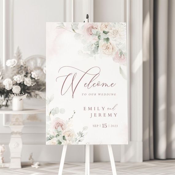 Modelo de placa de boas-vindas para casamento rosa blush, modelo