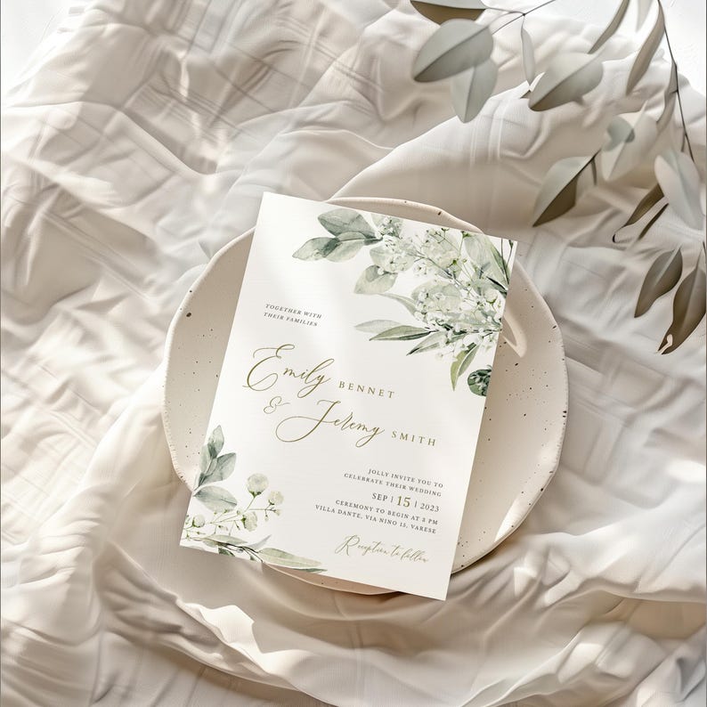 May include: A white wedding invitation with green foliage and white flowers. The invitation reads "Together with their families, Emily Bennet & Jeremy Smith, Jolly invite you to celebrate their wedding, Sep 15, 2023, Ceremony to begin at 3 PM, Villa Dante, Via Nino 13, Varese, Reception to follow."