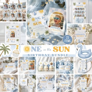 One in the Sun 1-årsdagspaket, redigerbar Canva-mall (digital nedladdning)