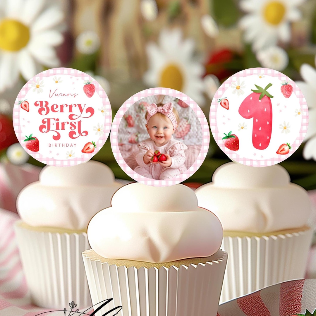 Berry First Birthday Cupcake Toppers, Printable Strawberry Party Decor ...