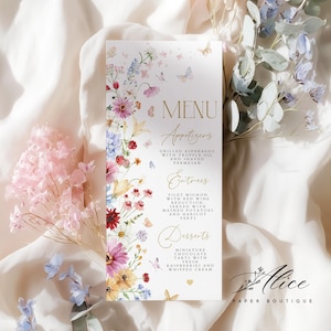 May include: A floral menu card with the word "MENU" at the top. The menu features appetizers, entrees, and desserts. The card is decorated with colorful flowers and butterflies. The Alice Paper Boutique logo is at the bottom.