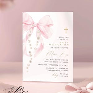 Invito per la Prima Comunione con fiocco rosa, invito per il battesimo di una bambina, invito per il battesimo rosa, biglietto per cerimonia religiosa per bambina modificabile e stampabile