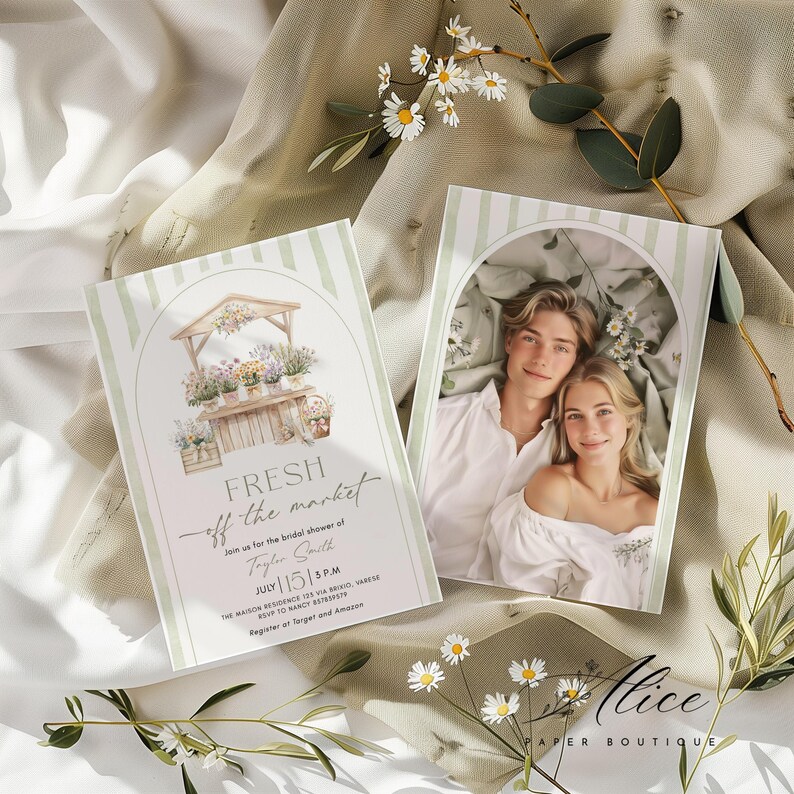 May include: Two invitation cards with a watercolor design. One card features a couple, the other has a floral market illustration with the text "FRESH off the market". The cards are for a bridal shower.