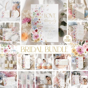 May include: A bridal shower bundle with floral designs. The collection includes invitations, tags, cards, and signs with a watercolour floral theme. The main invitation reads "Love is Blooming" with event details. The bundle includes 60 items.