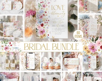 Love in Bloom Bridal Shower Bundle, Editable Wild Floral Invitation Set (Digital Download)