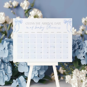 Blue Bow Baby Shower Due Date Calendar, Birth Date Sign, Baby Arrival Sign Printable, Blue Coquette Baby Shower, Prediction Date Sign Shower