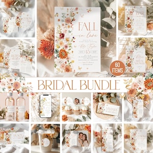 May include: A selection of bridal shower stationery featuring floral and butterfly motifs. The main invitation reads "Fall in Love" with event details. Other items include recipe cards, place cards, and cupcake toppers. The bundle is labelled "60 ITEMS".