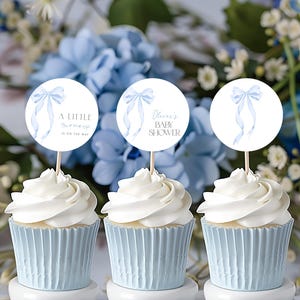 Blue Bow Baby Shower Cupcake Toppers, Blue Coquette Cake Toppers, Printable Cupcake Decoration, Editable Sticker Label Boy Baby Shower Blue