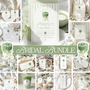 May include: A collection of bridal shower stationery items in shades of green and white. The central invitation reads "Perfect Matcha" with the date and location. Other items include recipe cards, table cards, and cupcake toppers.