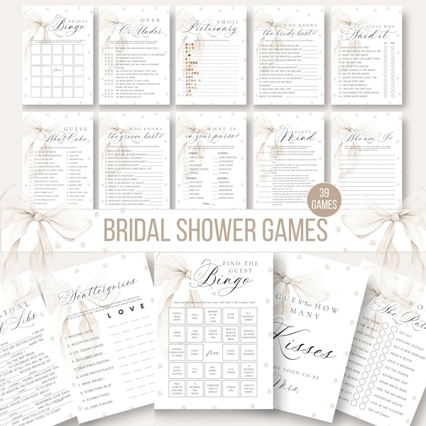 White Bow Bridal Shower Games Bundle, 39 Printable Games (Editable)