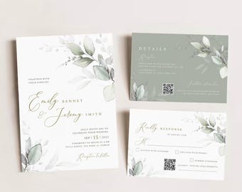 May include: Wedding invitation suite with a green and white watercolor floral design. The invitation features the names "Emily Bennet & Jeremy Smith" and the wedding date "September 15, 2023". The details card includes the text "Details" and "Reception to follow". The RSVP card includes the text "Kindly Response by August 15th".