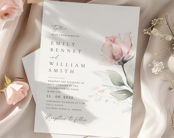 May include: Elegant wedding invitation featuring the names Emily Bennet and William Smith, with the date 15.09.2023. The design includes a watercolor rose and delicate script. The invitation is on a white background with soft, neutral tones.