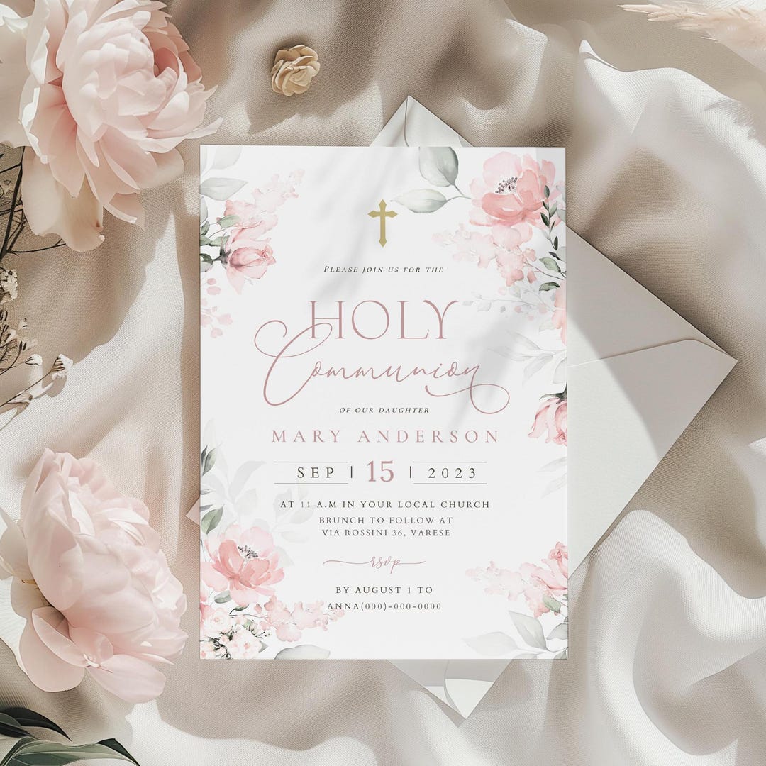 Pink Floral First Communion Invitation Template (digital) - Etsy