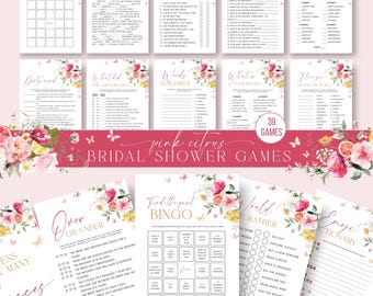 Paquete de juegos para despedida de soltera con temática de cítricos rosas, 39 actividades imprimibles (editables)