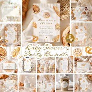 Könnte beinhalten: Ein Babyparty-Set mit 53 Artikeln im Bäckerei-Design. Die Papeterie umfasst Einladungen, Menükarten, Platzkarten und Dankeschön-Anhänger, die mit Aquarellillustrationen von Zimtschnecken, Brezeln und Croissants verziert sind.