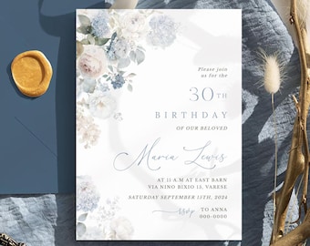 Dusty Blue Floral Birthday Invitation Template (Digital Download)