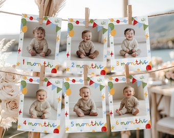 Fun to be One Monthly Photo Banner, Editable 12 Month Photo Cards (Digital Download)