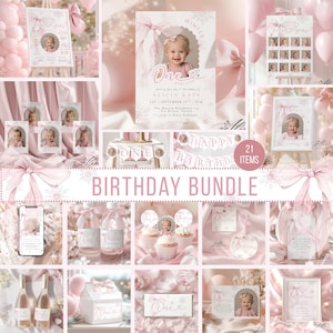 Può includere: Una collezione di decorazioni e articoli di cancelleria rosa per feste di compleanno. Include inviti, decorazioni per cupcake, etichette per bottiglie d'acqua e uno striscione con la scritta "Happy Birthday". Il tema è il primo compleanno di una bambina, con il testo "One" e "Alicia Kate".