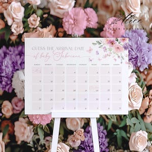 Baby in Bloom Due Date Calendar, Floral Baby Shower Game, Printable Spring Baby Shower Activity, Editable Baby Prediction Game, Girl Shower