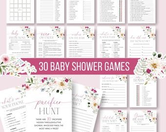 Baby in Bloom Shower Games Bundle, Pink Wildflowers (Printable Canva Template)
