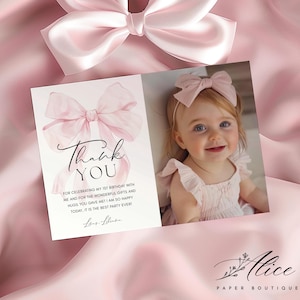 Pink Bow Thank You Card Template, Printable Thank You Card, Pink Coquette Thank You Card Editable, Pink Bow invite, 1st Birthday Girl Card