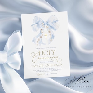 Invitación de comunión con lazo azul, invitación de bautizo, invitación de bautismo azul, tarjeta de ceremonia religiosa para bebé niño editable e imprimible