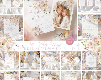 Love in Bloom Bridal Shower Bundle, Wild Floral Boho Invitation Set, Printable Pink Garden Party Templates for Bride to Be, Editable Bridal
