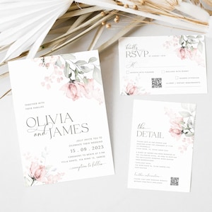 May include: Wedding invitation suite with a floral design featuring pink roses and green leaves. The invitation includes the names Olivia and James, the wedding date, and the ceremony location. The RSVP card includes a QR code for guests to respond.