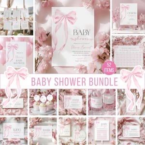 Pink Bow Baby Shower Invitation Bundle, Coquette Theme (Editable Template, Digital Download